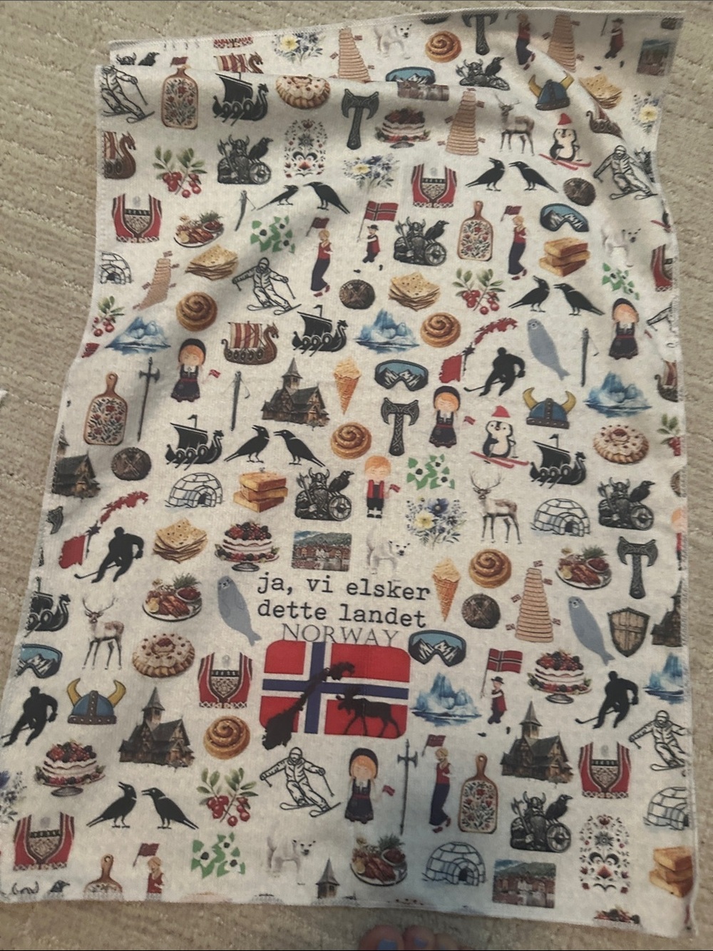 Norway Motif Tea Towel with Flag and Icons